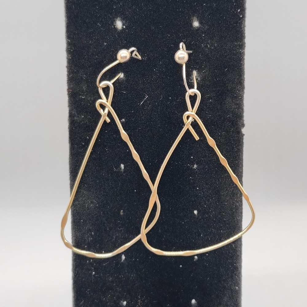 Hammered Gold Tone Dangle Triangle Teardrop Earrings 2" Artisan Style